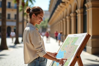 Jeune femme regardant une carte touristique de Malaga