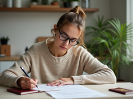 Nouveau passeport : utiliser l’ancien en attendant, démarches et conseils Jeune femme remplissant un formulaire de passeport dans la cuisine