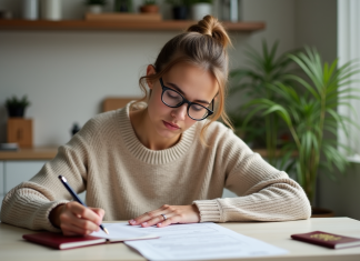 Nouveau passeport : utiliser l’ancien en attendant, démarches et conseils Jeune femme remplissant un formulaire de passeport dans la cuisine