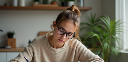 Nouveau passeport : utiliser l’ancien en attendant, démarches et conseils Jeune femme remplissant un formulaire de passeport dans la cuisine