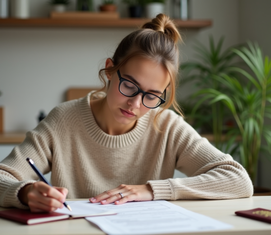 Jeune femme remplissant un formulaire de passeport dans la cuisine