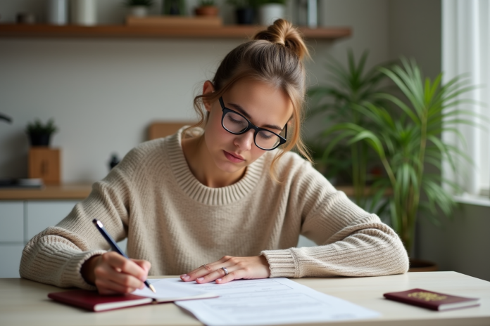 jeune-femme-passeport-kitchen Jeune femme remplissant un formulaire de passeport dans la cuisine