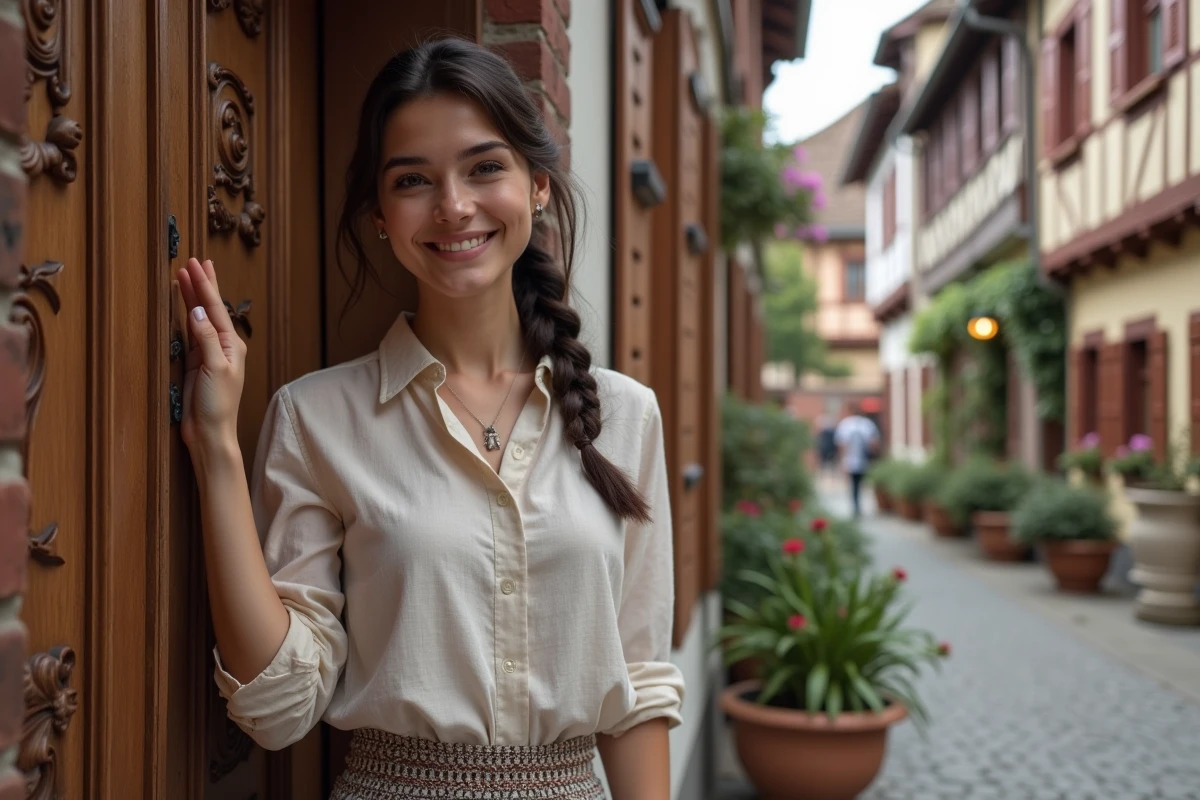 Jeune femme admire une porte ancienne dans un village alsacien