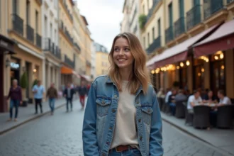 Jeune femme souriante admire l'architecture lyonnaise