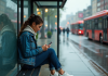 Comparatif : trouvez l’application de transport la moins chère en 2025 ! Jeune femme assise à un arrêt de bus sous la pluie avec son smartphone