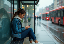 Comparatif : trouvez l’application de transport la moins chère en 2025 ! Jeune femme assise à un arrêt de bus sous la pluie avec son smartphone