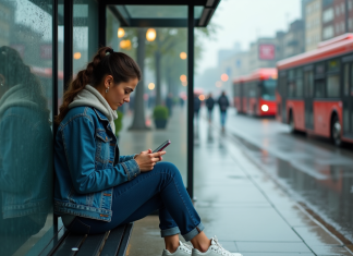 Jeune femme assise à un arrêt de bus sous la pluie avec son smartphone