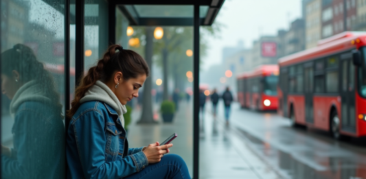 Jeune femme assise à un arrêt de bus sous la pluie avec son smartphone