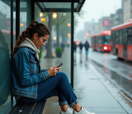 Jeune femme assise à un arrêt de bus sous la pluie avec son smartphone