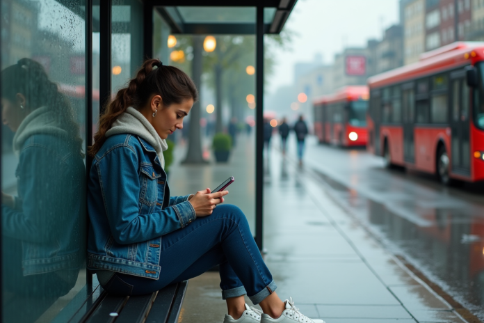 jeune-femme-smartphone-attenue Jeune femme assise à un arrêt de bus sous la pluie avec son smartphone