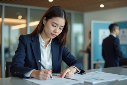 Jeune femme professionnelle remplissant des formulaires de voyage