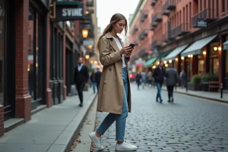 Jeune femme en trench beige dans une rue de Soho