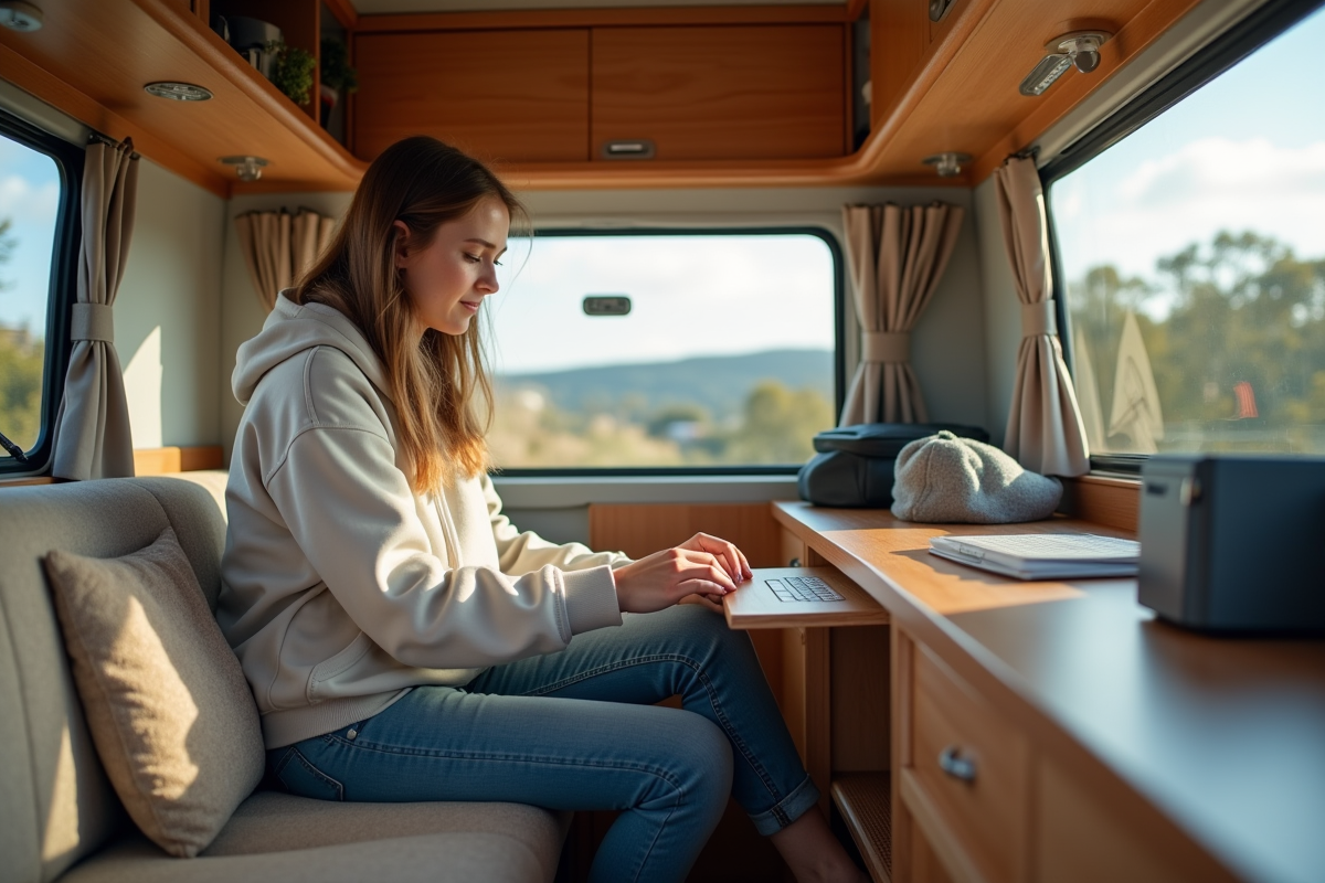 Jeune femme organisant ses affaires dans un van