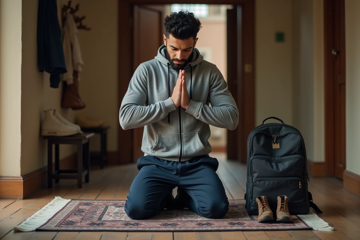 Jeune homme musulman faisant la duaa du voyage agenouillé sur un tapis de prière près de son sac de voyage à la maison