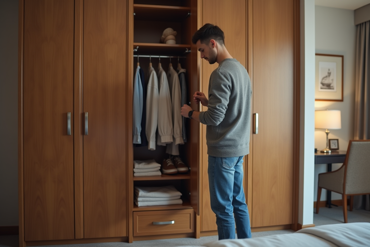 Jeune homme ouvrant une armoire dans une chambre d hotel