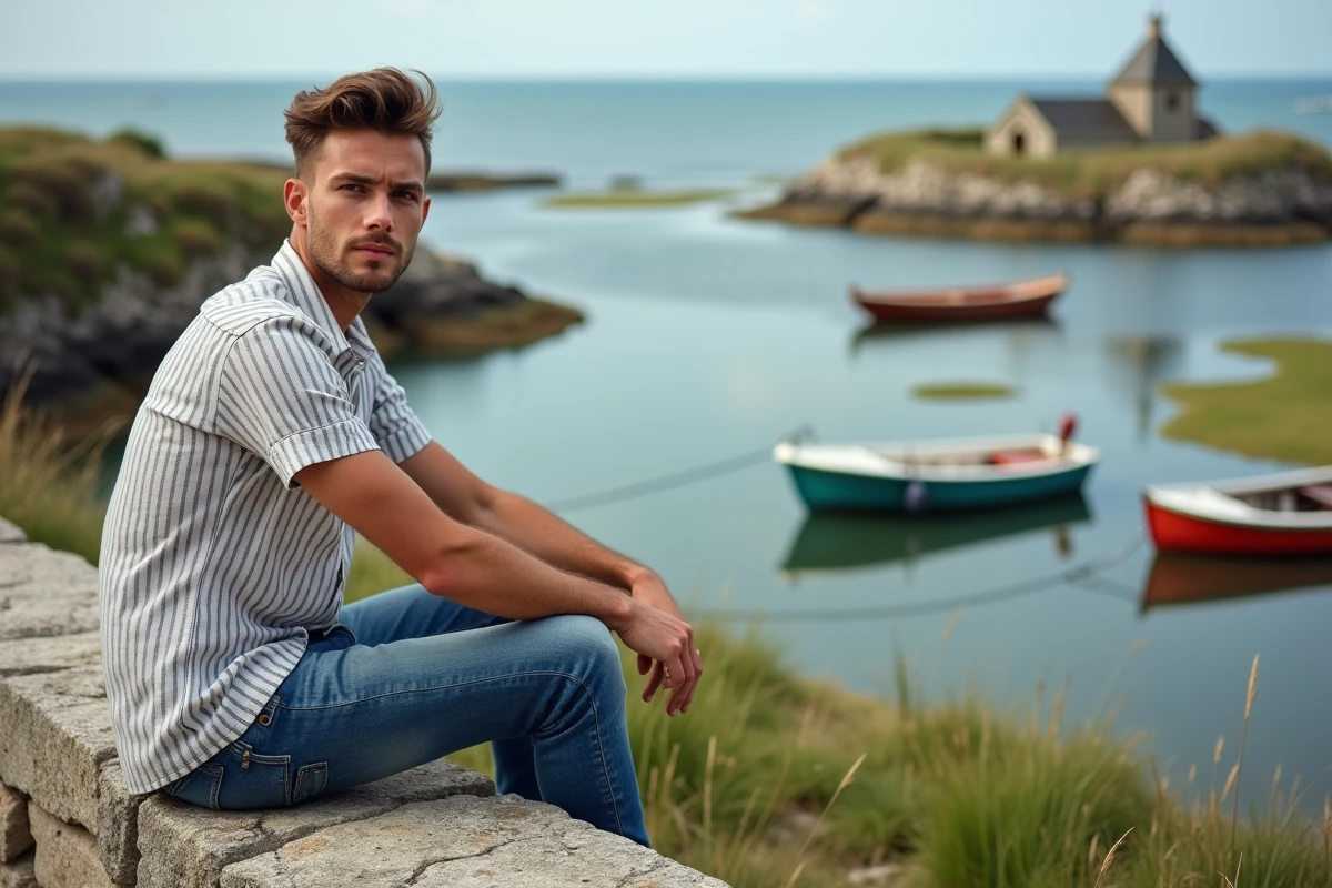 Jeune homme assis sur mur en regardant le port