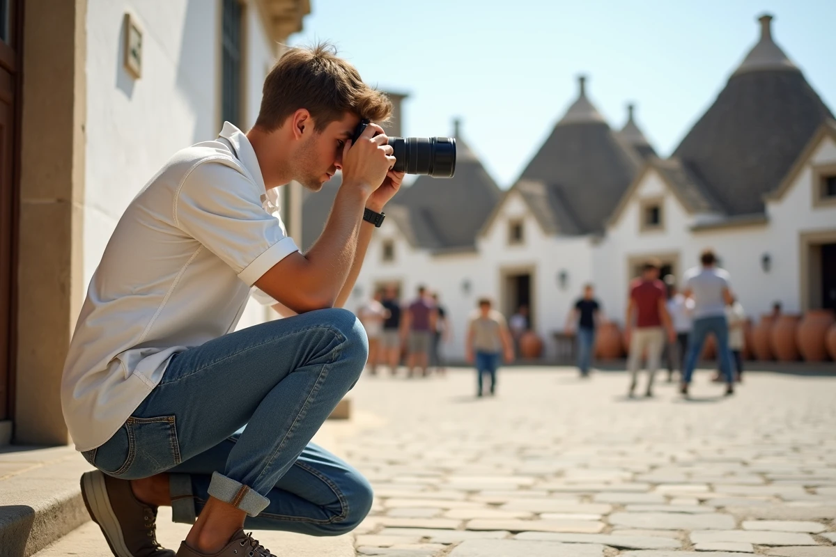 Jeune homme photographiant les trulli à Alberobello