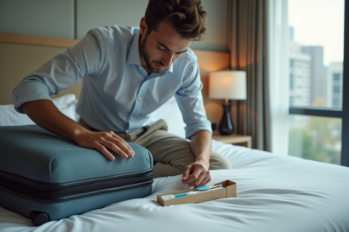 Jeune homme déballant sa trousse de toilette