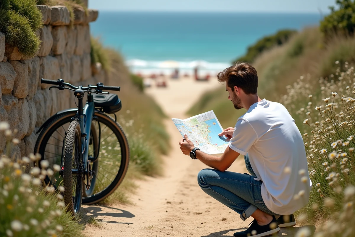 Jeune homme avec vélo devant la plage d
