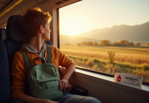 Jeune voyageur regardant par la fenêtre d'un train européen ensoleillé