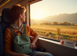 Jeune voyageur regardant par la fenêtre d'un train européen ensoleillé