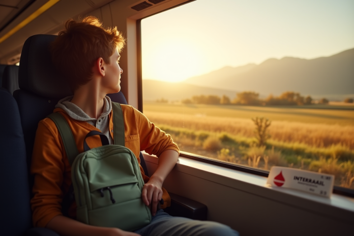 Jeune voyageur regardant par la fenêtre d'un train européen ensoleillé