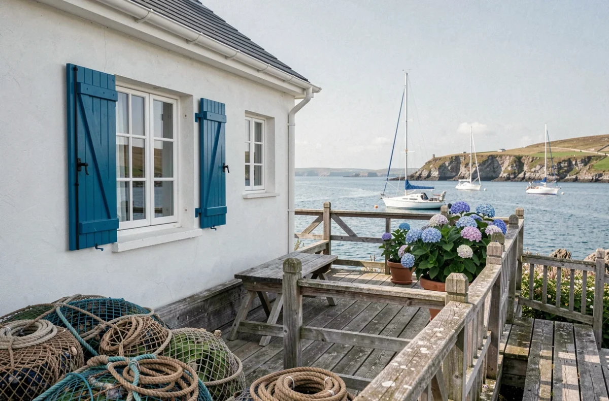 La Belle Amarre, maison côtière restaurée avec volets bleus et vue sur une baie atlantique du Pays Basque