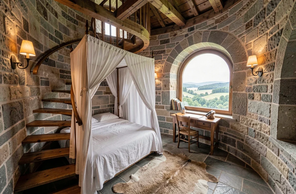 Chambre circulaire en pierre de La Tourelle en Bas-Rhin aménagée dans une tour médiévale avec lit à baldaquin et escalier en colimaçon