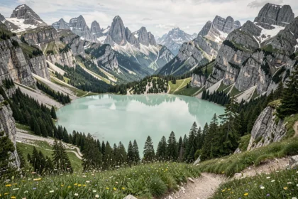 Vue panoramique du lac d'Oeschinen en été avec ses eaux turquoise entourées de sommets alpins enneigés et de prairies fleuries