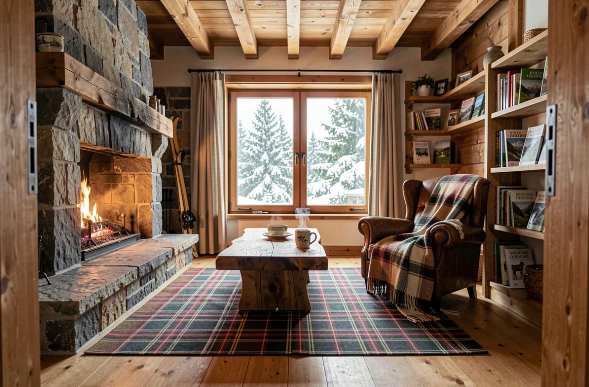 Intérieur chaleureux du Chorin à Plainfaing avec cheminée en pierre, fauteuil en cuir et vue sur les sapins vosgiens enneigés