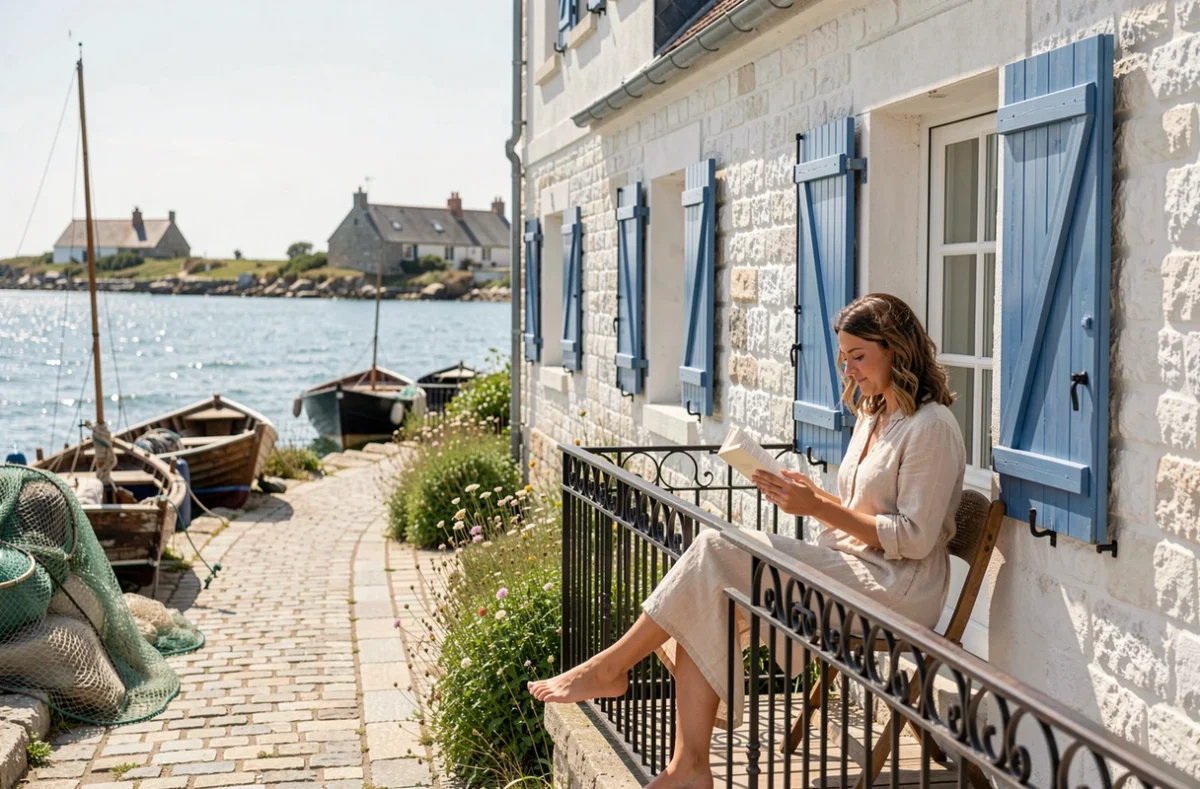 Façade blanche aux volets bleus des Hautes Mers sur l'île d'Yeu, femme en robe de lin lisant sur une terrasse avec vue sur le port