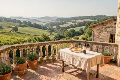 Terrasse en pierre ensoleillée avec vue sur les collines verdoyantes de Nouvelle-Aquitaine, évoquant les locations de vacances authentiques de la région