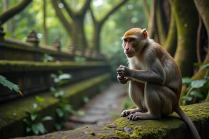 Macaque à longue queue perché sur un mur de temple en pierre moussu dans la Monkey Forest d'Ubud, entouré de végétation tropicale dense