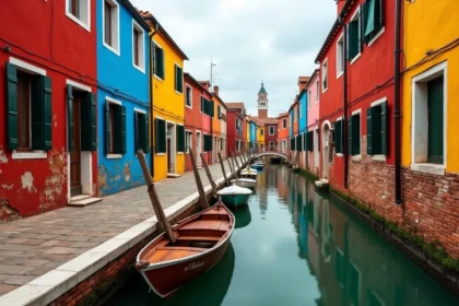 Maisons colorées typiques le long d'un canal de l'île de Burano à Venise, Italie