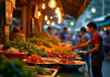 Marché de rue thaïlandais coloré au crépuscule avec vendeurs et plats épicés