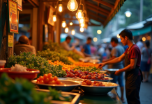 Marché de rue thaïlandais coloré au crépuscule avec vendeurs et plats épicés