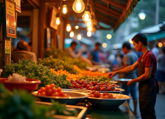 Marché de rue thaïlandais coloré au crépuscule avec vendeurs et plats épicés