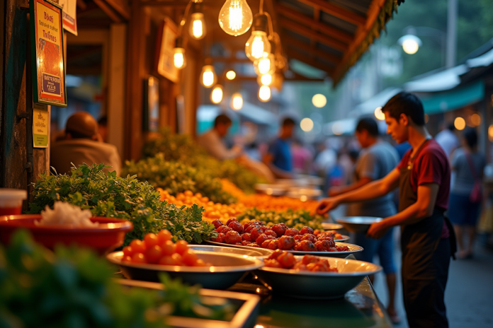 Marché de rue thaïlandais coloré au crépuscule avec vendeurs et plats épicés