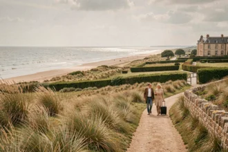 Paysage côtier de Vendée avec plage atlantique, bocage et façade d'hôtel en pierre, deux voyageurs marchant vers l'horizon