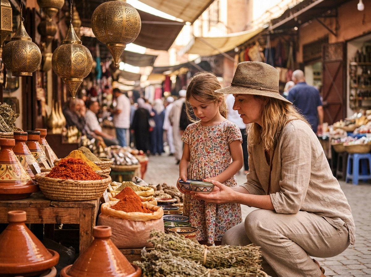 Mère et fille découvrant les épices et poteries artisanales dans un souk marocain pendant un voyage en famille