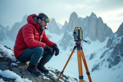 Alpiniste utilisant un équipement de mesure GPS au sommet d'une haute montagne enneigée pour mesurer l'altitude