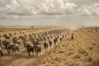 Grande migration des gnous dans la savane du Parc National du Serengeti en Tanzanie