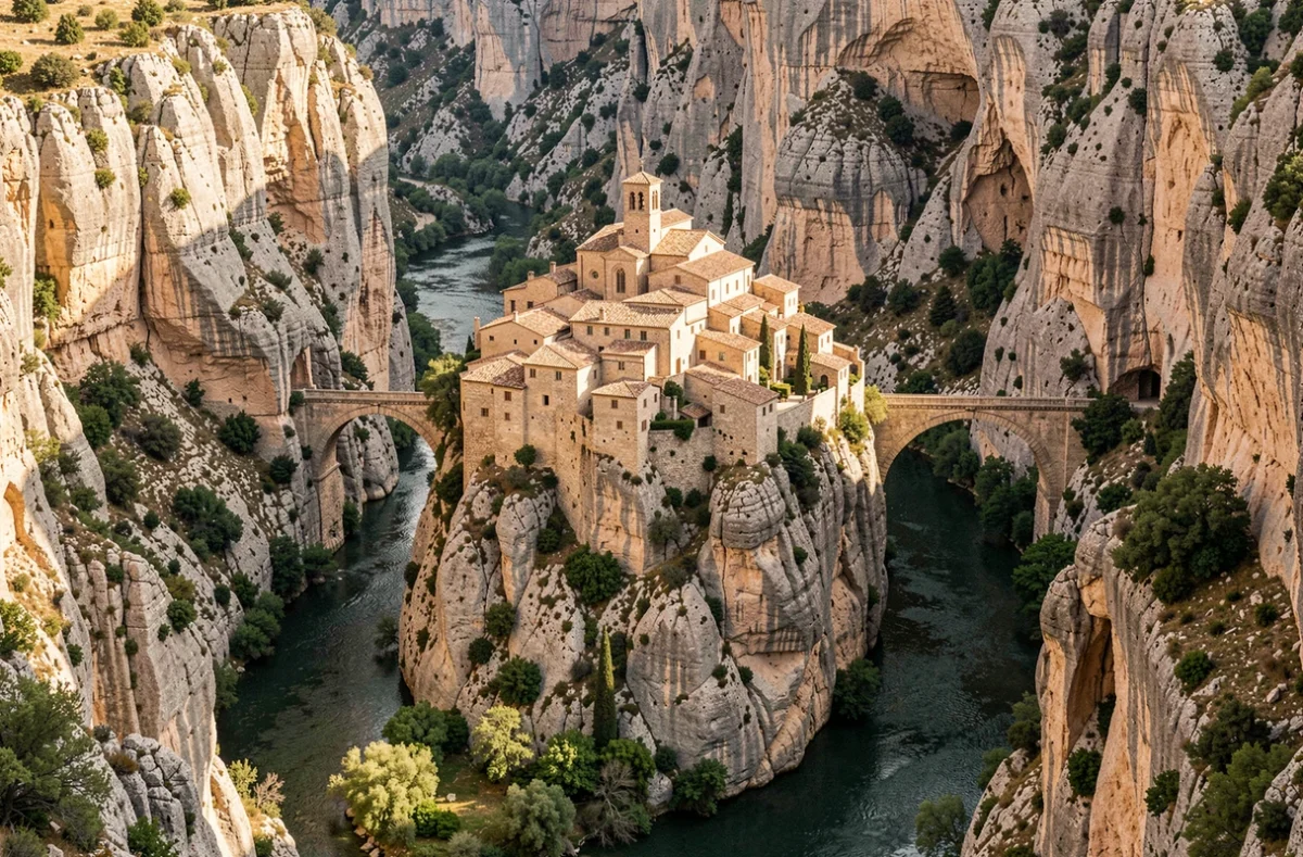 Le village cathare de Minerve sur son promontoire rocheux avec le pont naturel dans les gorges et les maisons en pierre dominant les canyons