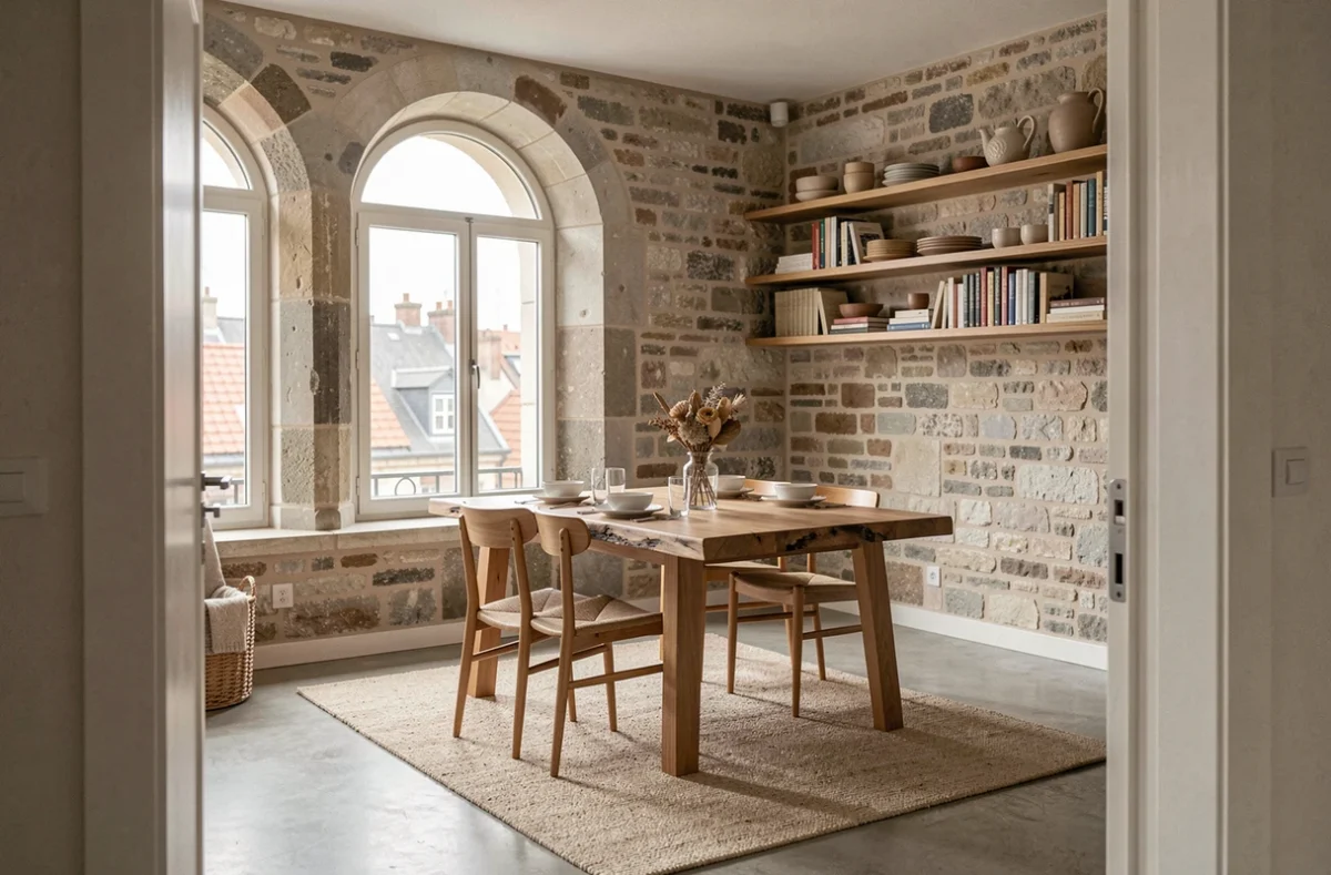 Intérieur contemporain du gîte Mon Gîte à Metz avec murs en pierre apparente et mobilier design dans un appartement rénové