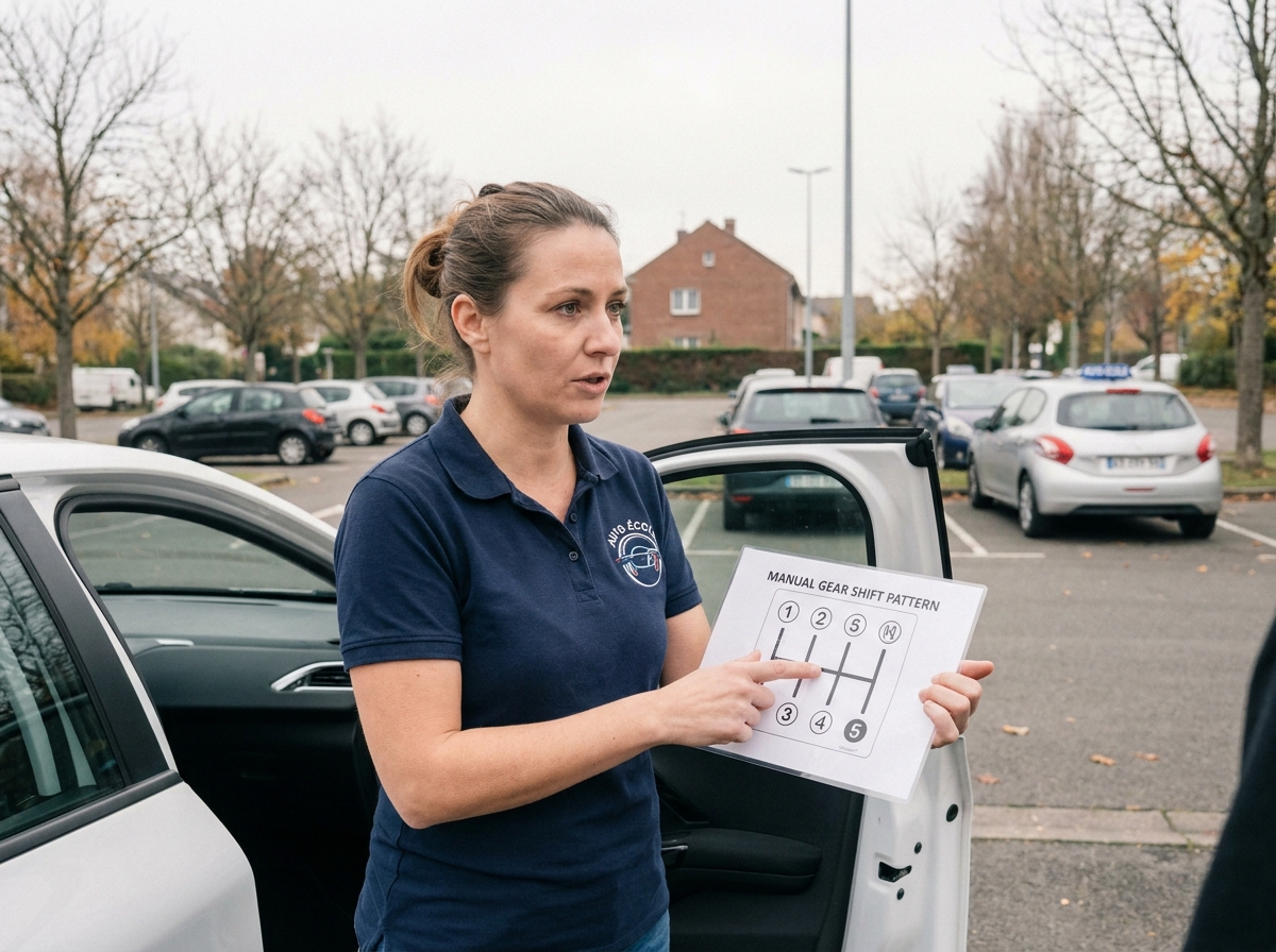 Monitrice d'auto-école expliquant la technique de rétrogradage avec un schéma de boîte de vitesses