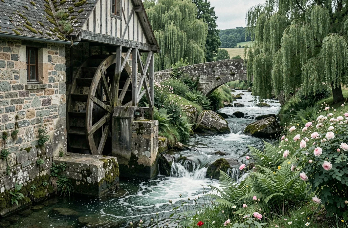 Moulin de Narrat en Dordogne, ancien moulin à eau en pierre avec roue en bois et rivière bordée de fougères