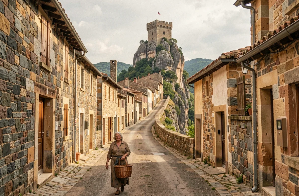La rue-village de Najac sur sa crête avec les maisons médiévales en file et la forteresse royale sur son piton rocheux en arrière-plan