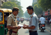 Un officiel en uniforme aide un résident à remplir un rapport à côté d'un tuk-tuk coloré dans une rue animée de Navi Mumbai