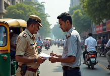 Un officiel en uniforme aide un résident à remplir un rapport à côté d'un tuk-tuk coloré dans une rue animée de Navi Mumbai