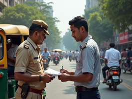 Signaler un pousse-pousse à Navi Mumbai : procédure et contacts utiles Un officiel en uniforme aide un résident à remplir un rapport à côté d'un tuk-tuk coloré dans une rue animée de Navi Mumbai